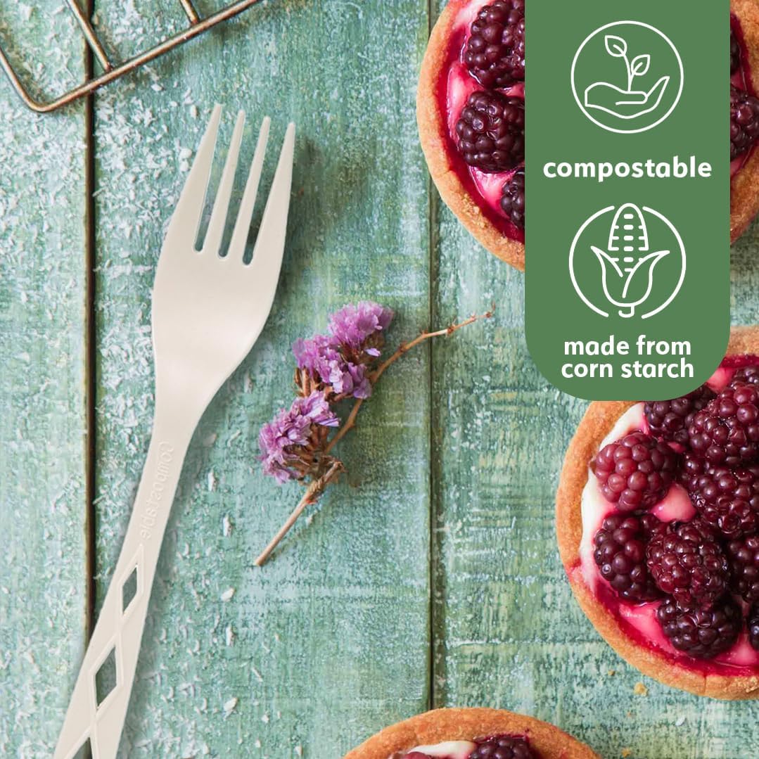 100% Compostable Non Plastic Forks [300 Pack] CPLA Disposable Forks. Non Plastic Silverware Set. Eco-Friendly Cutlery, Off White Flatware, Extra Sturdy Utensils, by Earth's Natural Alternative