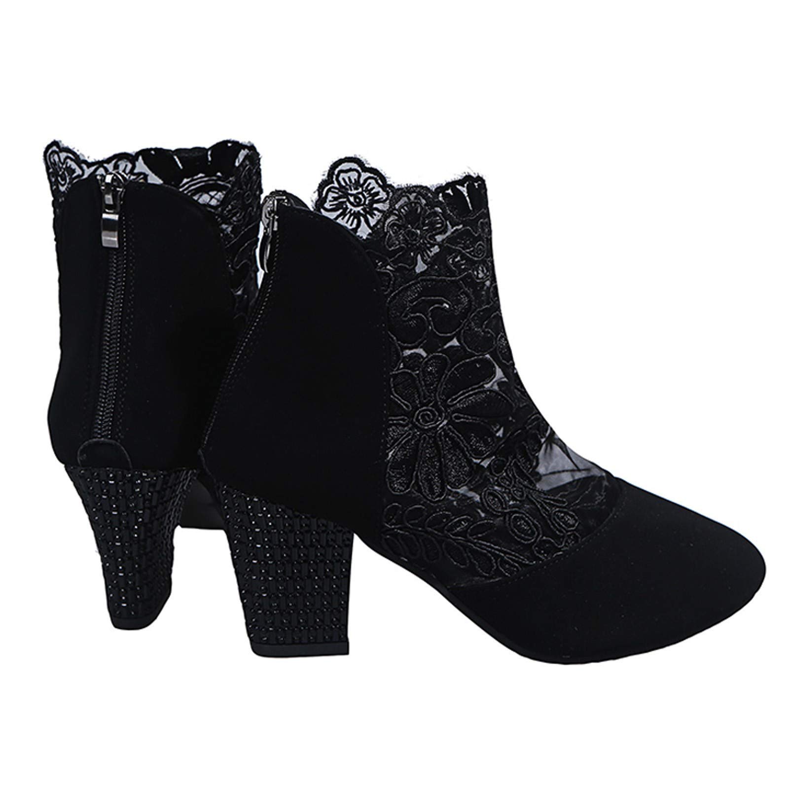 Generico Stivali da Donna in Tulle Vuoto Ricamato Stivaletti con Tacco Largo Corti Elegante Estivi in Pizzo Floreale con Giunzione con Cerniera