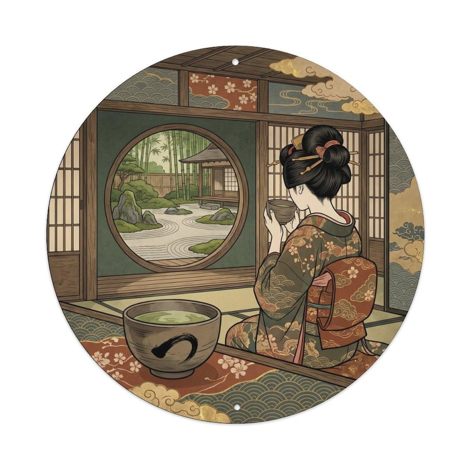 Japanese Geisha Tea Bowl Zen Serenity Metal Tin Sign