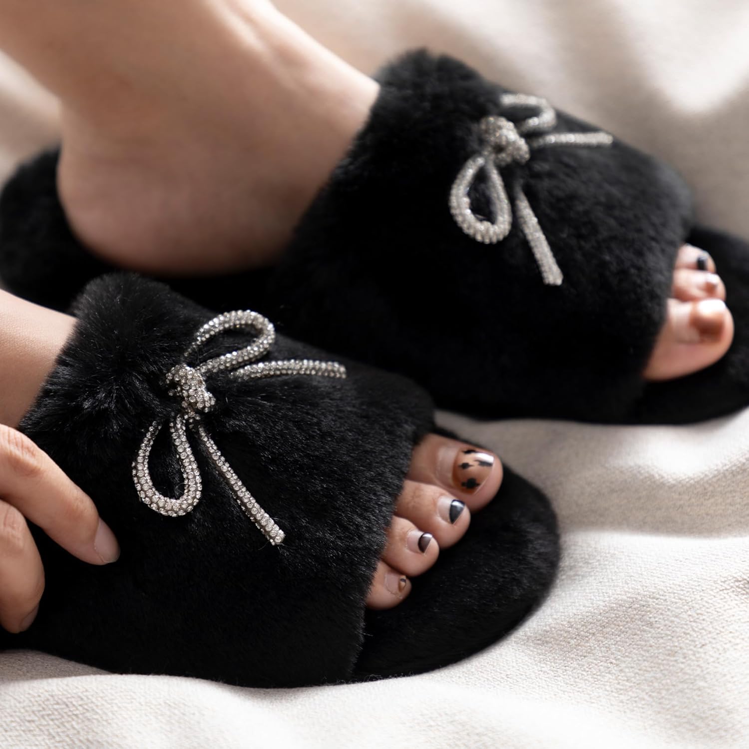 ULTRAIDEAS Women's Fuzzy House Slippers Fancy Open Toe Slides Slippers with Rhinestone Bowknot and Non Slip Sole - Image 2