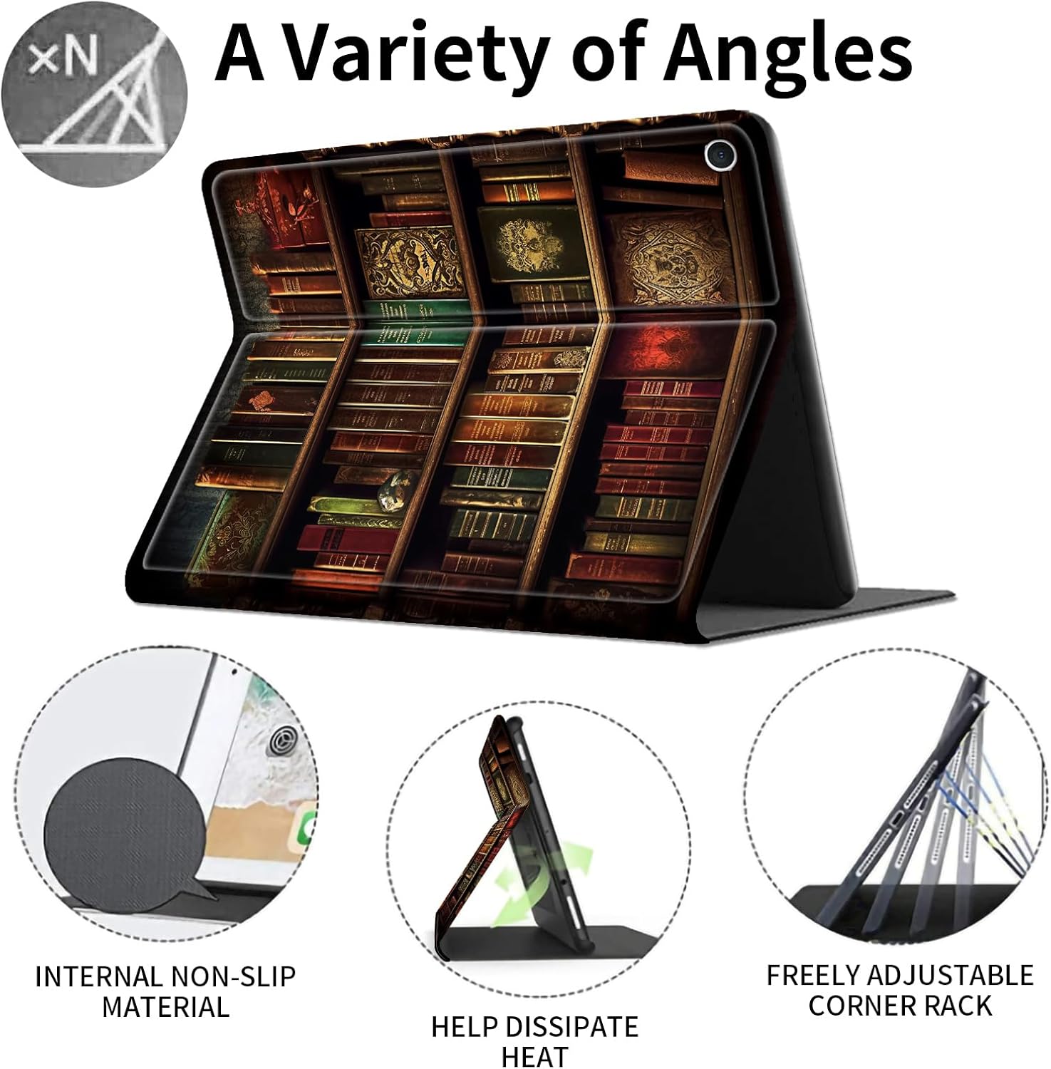 Case for All New Kindle Fire HD 10 Tablet(9th/7th Generation,2019/2017 Release),Slim Smart Shell PU Leather Adjustable Stand Protective Cover with Auto Wake/Sleep,Vintage Bookshelf
