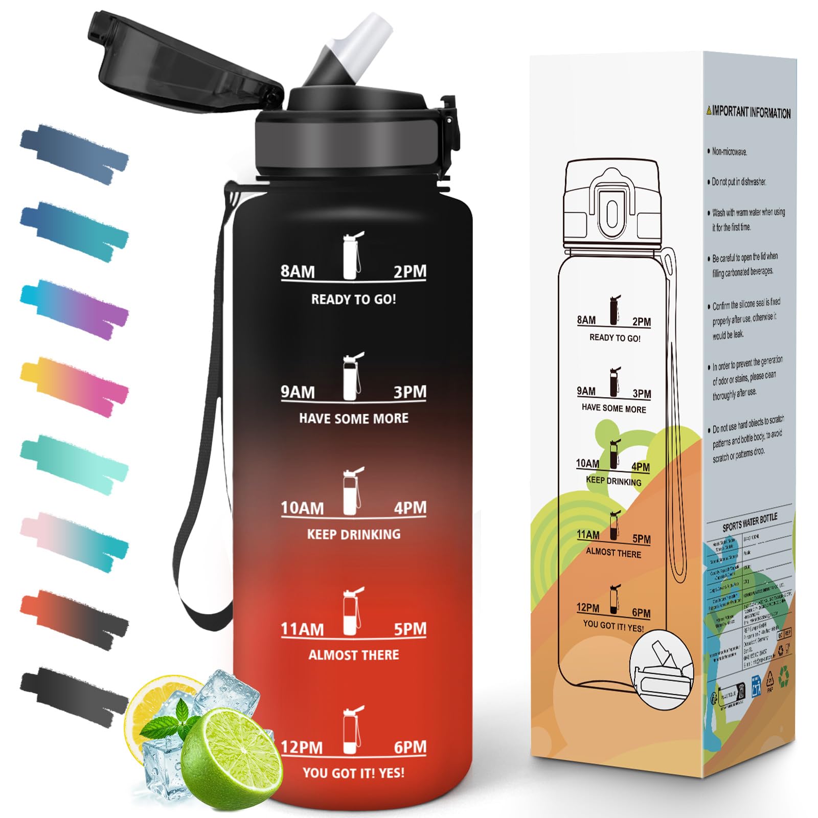 Drinking Bottle with Straw 1.5L BPA Free Gym Time Scale Motivational Wide Mouth Leakproof Lid Water Bottle for School Office Gym