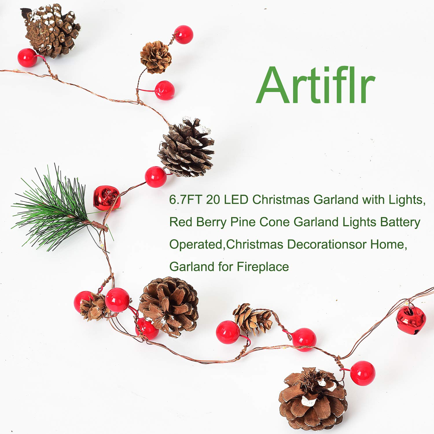 Weihnachtsgirlande mit Lichtern, rote Beeren mit Tannenzapfen, Girlande mit Lichtern, 16,5 m, 20 LEDs, batteriebetrieben, Tannenzapfen, Lichterkette für Innen- und Außenbereich