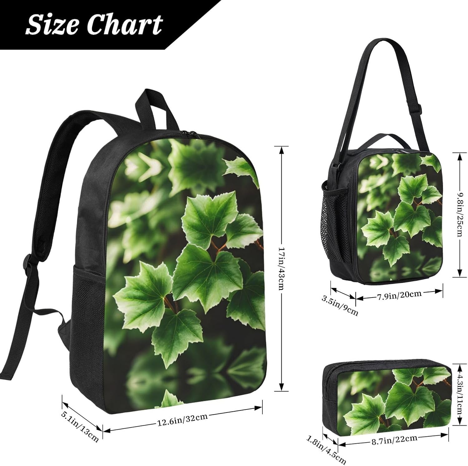 Ivy Blossoms Tree print 3 Piece Backpack Bags with Lunch Box Pencil Case Set for Travel Work Camping Unisex