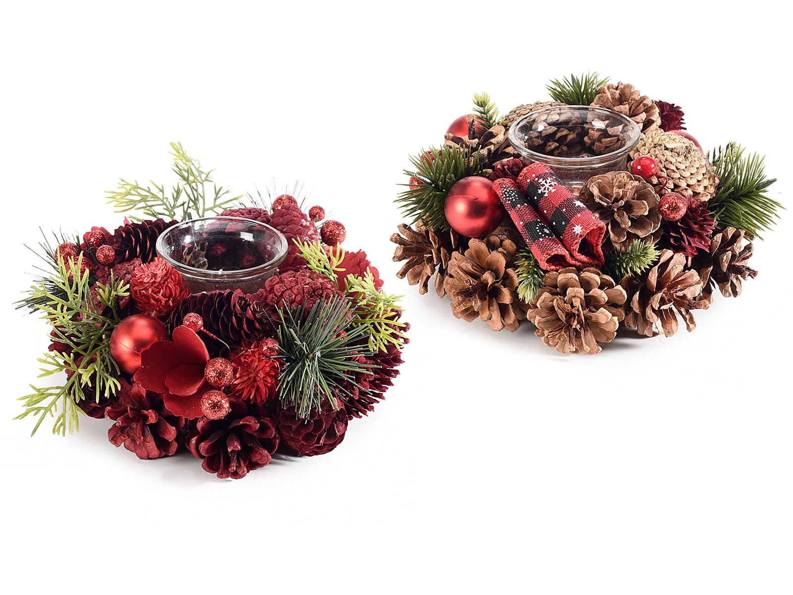 Gruppo Maruccia - Centro de mesa navideño de guirnalda - Con piñas y bayas - Juego de 2 piezas de 18 x 8,5 cm - Portavelas de cristal decorativo