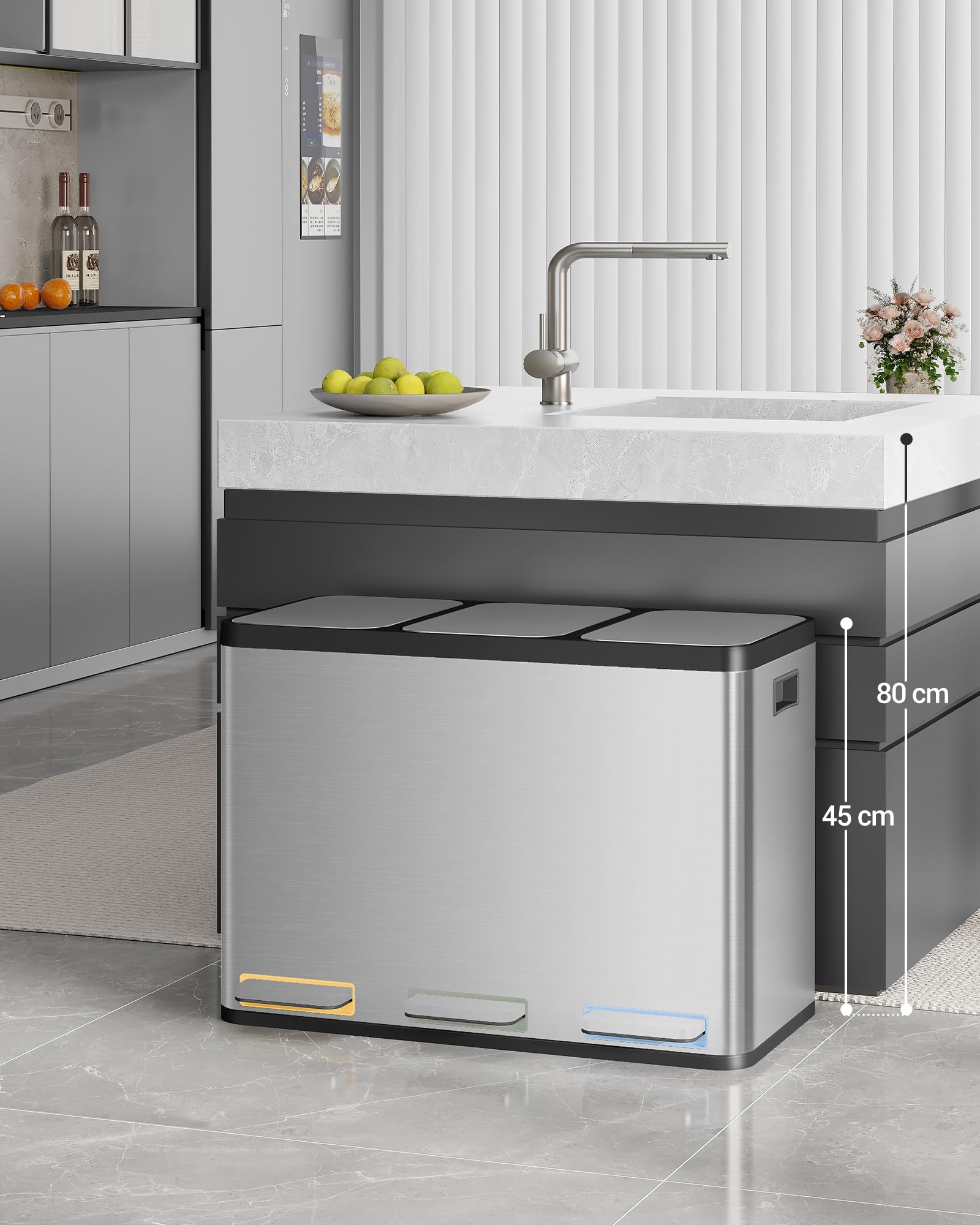 Hzuaneri Mülleimer Küche, Mülltrennsystem 3 Fächer 45L (3 x 15 L), Edelstahl-küchenmülleimer, Tretmülleimer mit Farbcodierbaren Pedalen, Abfalleimer Ruhiger Langsamer Abstieg, Silber SW04599E