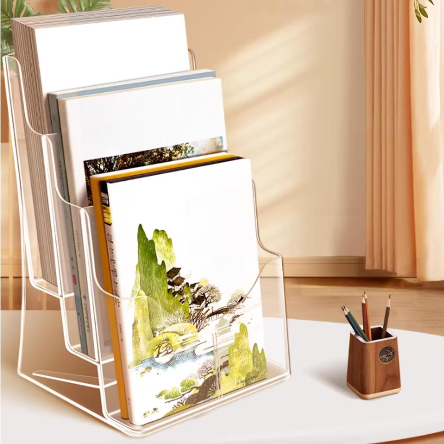 Transparent Acrylic Magazine Rack, Three-Tier Desktop Magazine Rack, Built-in Anti-Slip Grooves, Ideal for Study/Office
