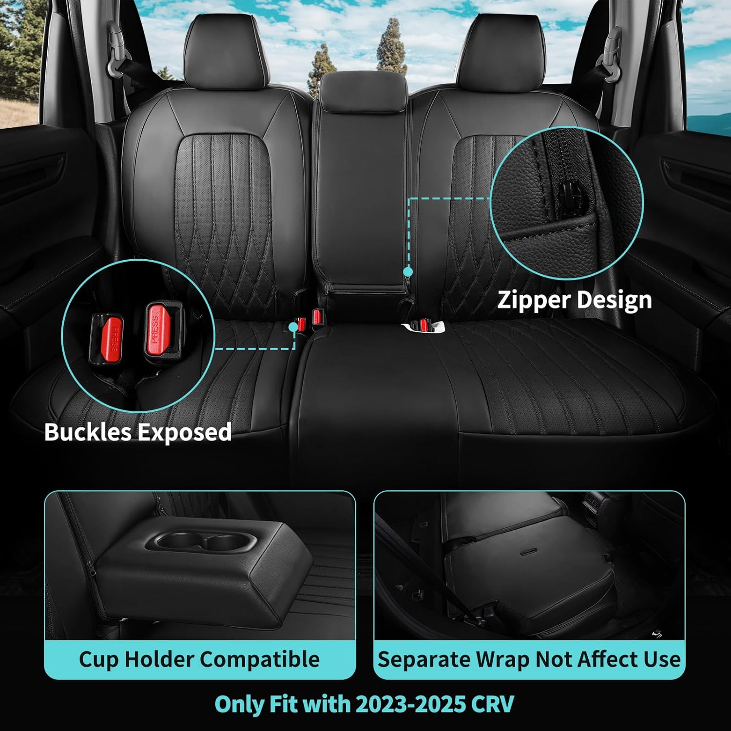 Seat Covers for Honda CRV 2026 2025 2024 2023 EX, EXL, LX, Sport, Touring, Special Edition, Hybrid & Gas, 1:1 Custom Faux Leather Seat Covers Full Set - Black