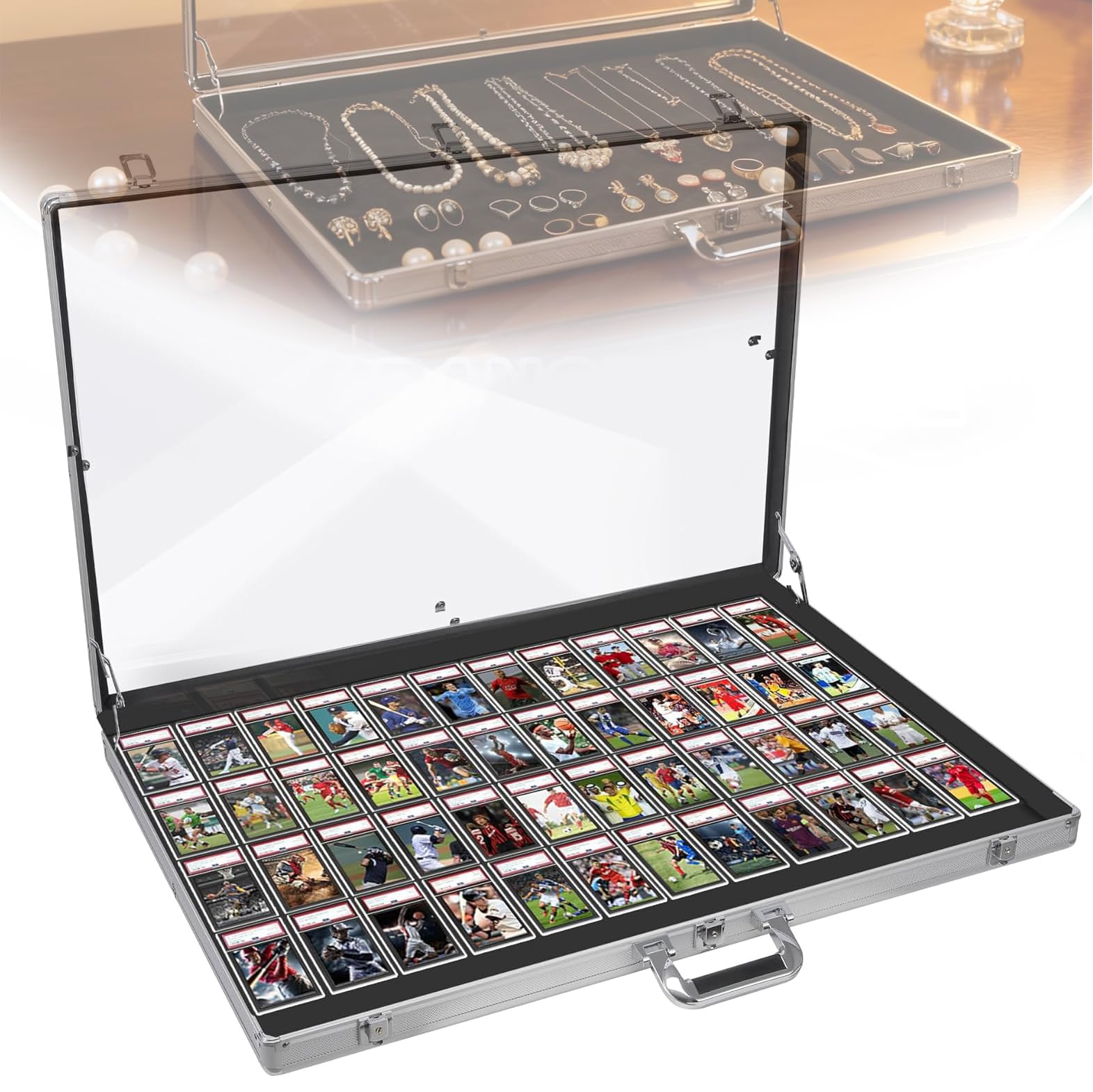 Witryna na karty kolekcjonerskie, duża aluminiowo-akrylowa witryna o wymiarach 34 x 22 x 3 cale z zamykaną, przenośną skrzynką kolekcjonerską na karty kolekcjonerskie Kolekcje biżuterii Black