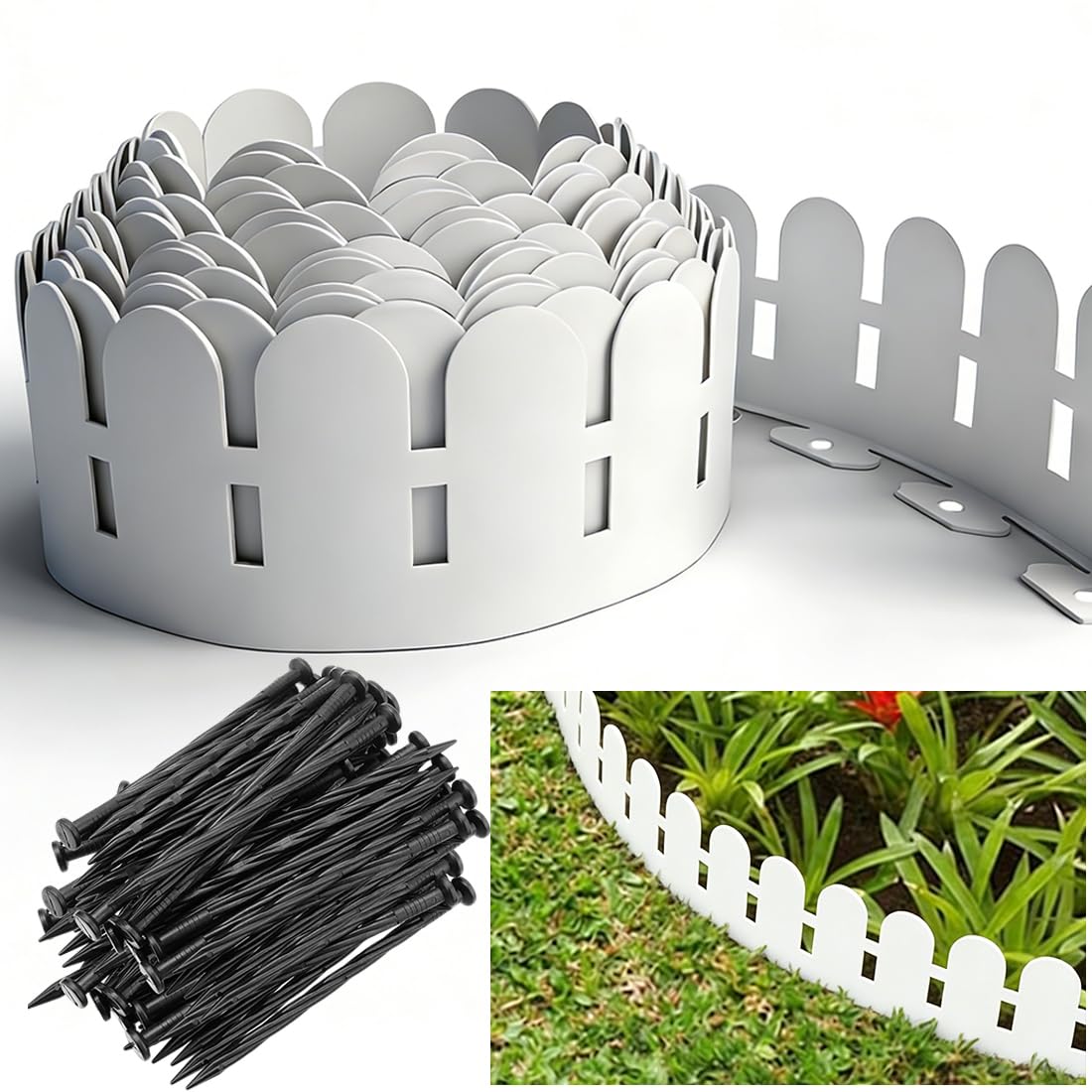 Garden Edging 20M, Plastic Landscape Edging [Extra Tall 14.2cm High] Garden Borders, Tool-Free Flexible Edging Kit with 100pcs Anchoring Spikes for Home Lawns, Yards, Flowerbeds, White