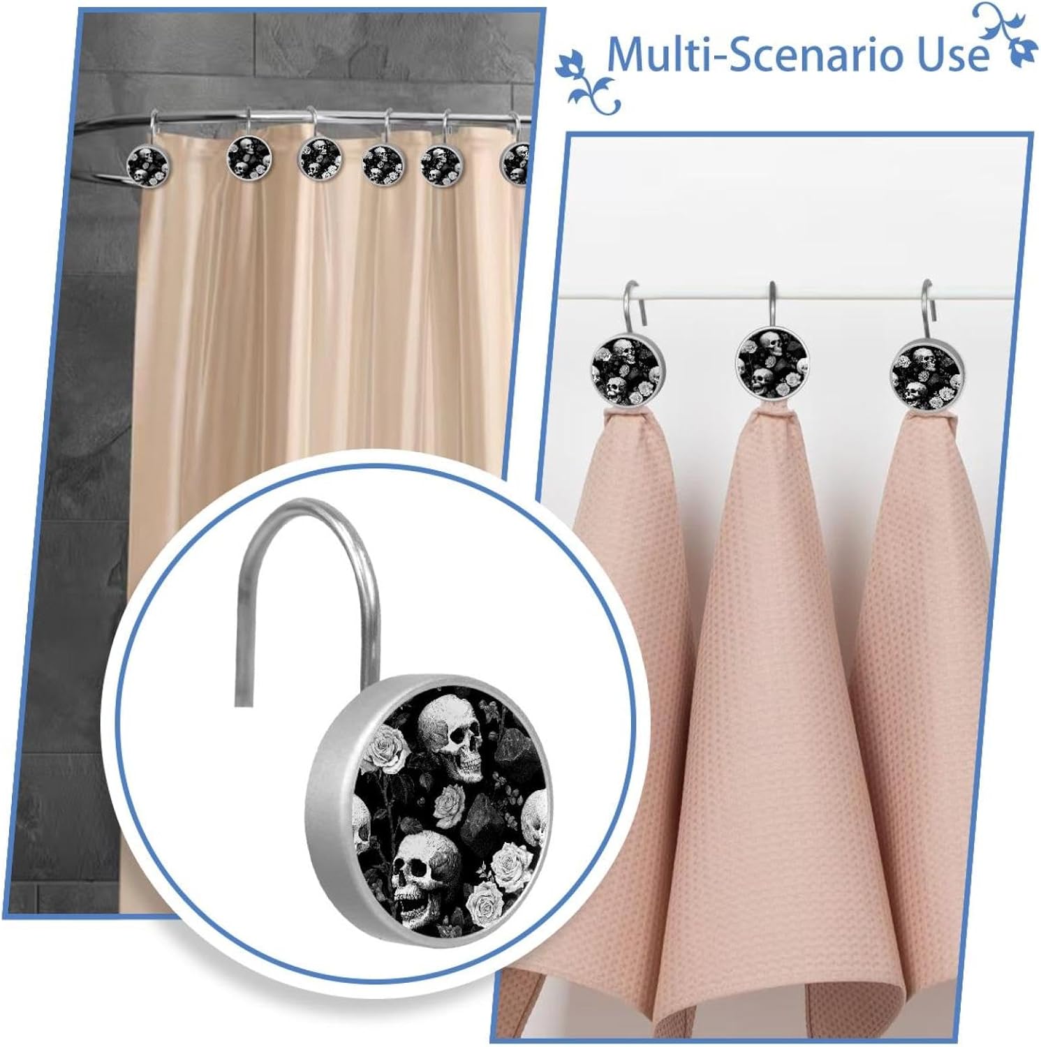 12PCS Black White Skull Rose Rock (2) Shower Curtain Hooks Rings for Bathroom, Decorative Shower Curtain Hooks Rods Curtains and Liner