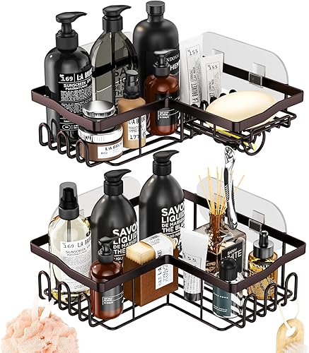 HapiRm Paquete de 2 organizadores de ducha esquineros con soporte para jabón, organizador de ducha sin perforaciones con 11 ganchos, estante de baño