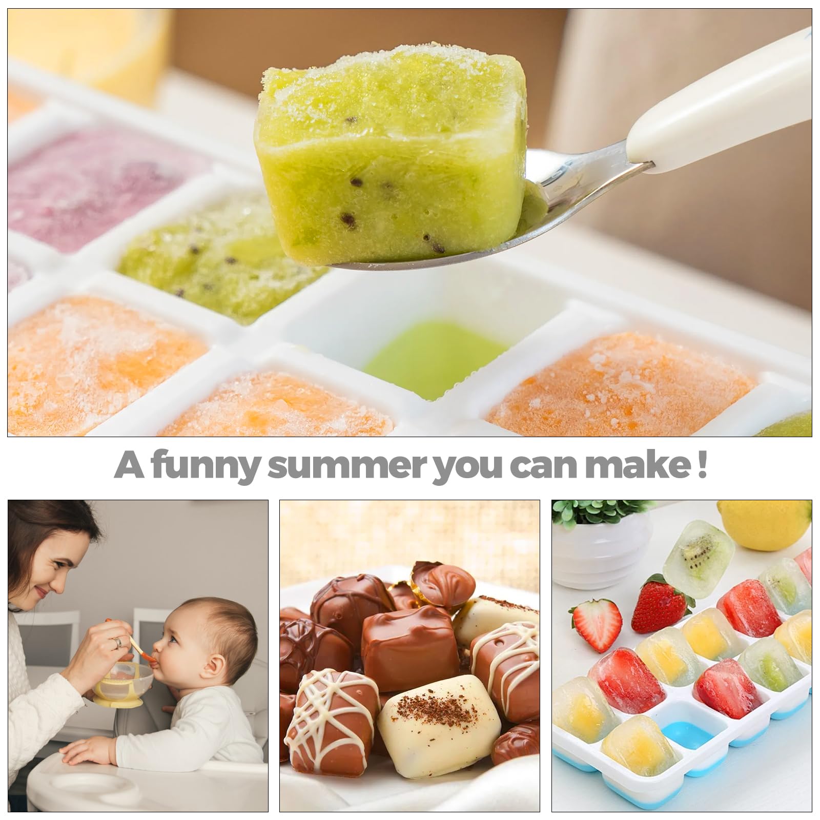 4 Vassoi Per Cubetti Di Ghiaccio In Silicone Con Coperchio - 14 Cubetti Per Vassoio, BPA Free, Impilabili