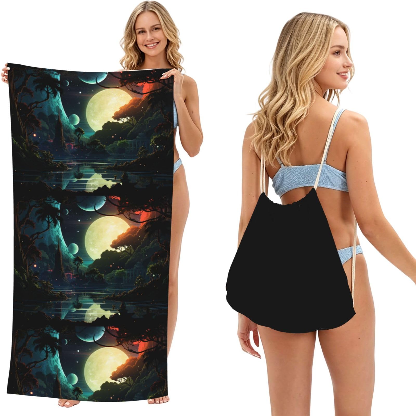 SKGOHLH Seaside bright moon 2in1 Packable Beach Towel Bag Women