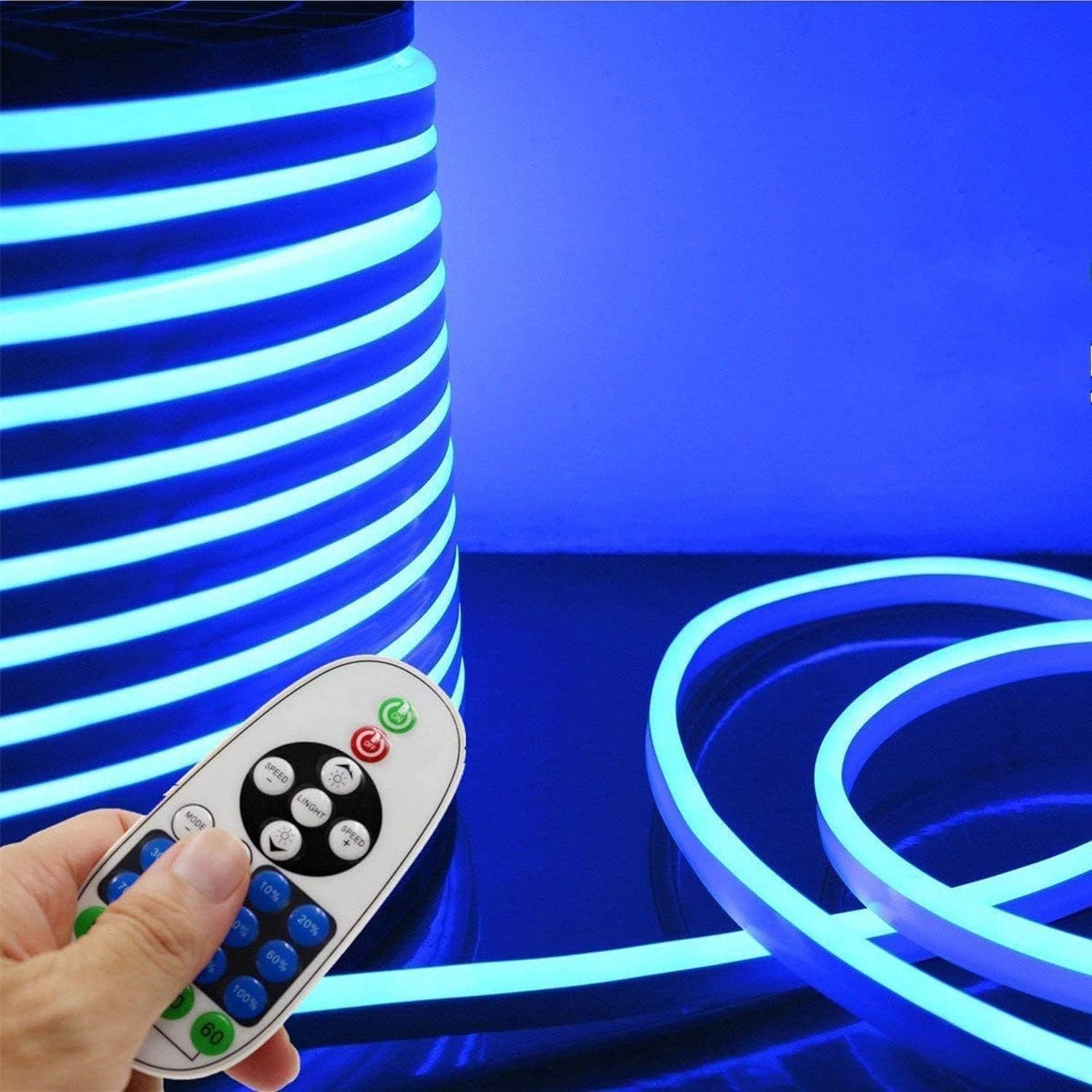 LED NEON Light, AC 110-120V Flexible LED Neon Strip Lights, 120 LEDs/M, Dimmable, Waterproof 2835 SMD LED Rope Light + Remote Controller for Home Decoration (65.6ft/20m, Blue)