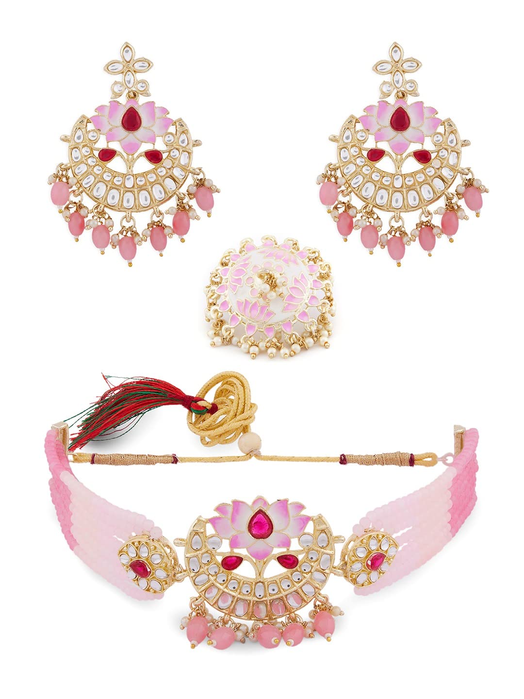 ZAVERI PEARLS Pink Meenakari Lotus Design Multistrand Beaded Choker Necklace Earring & Ring Set For Women-ZPFK13806