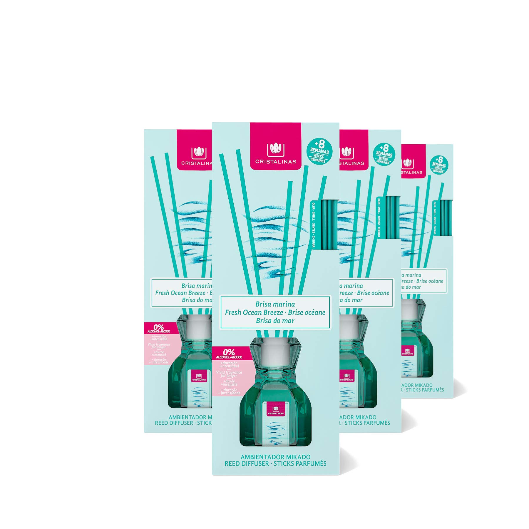 CRISTALINAS Air Freshener, Reed Diffuser, 40ml / 8 Weeks, 0% Alcohol, Fresh Ocean Breeze, Pack of 4