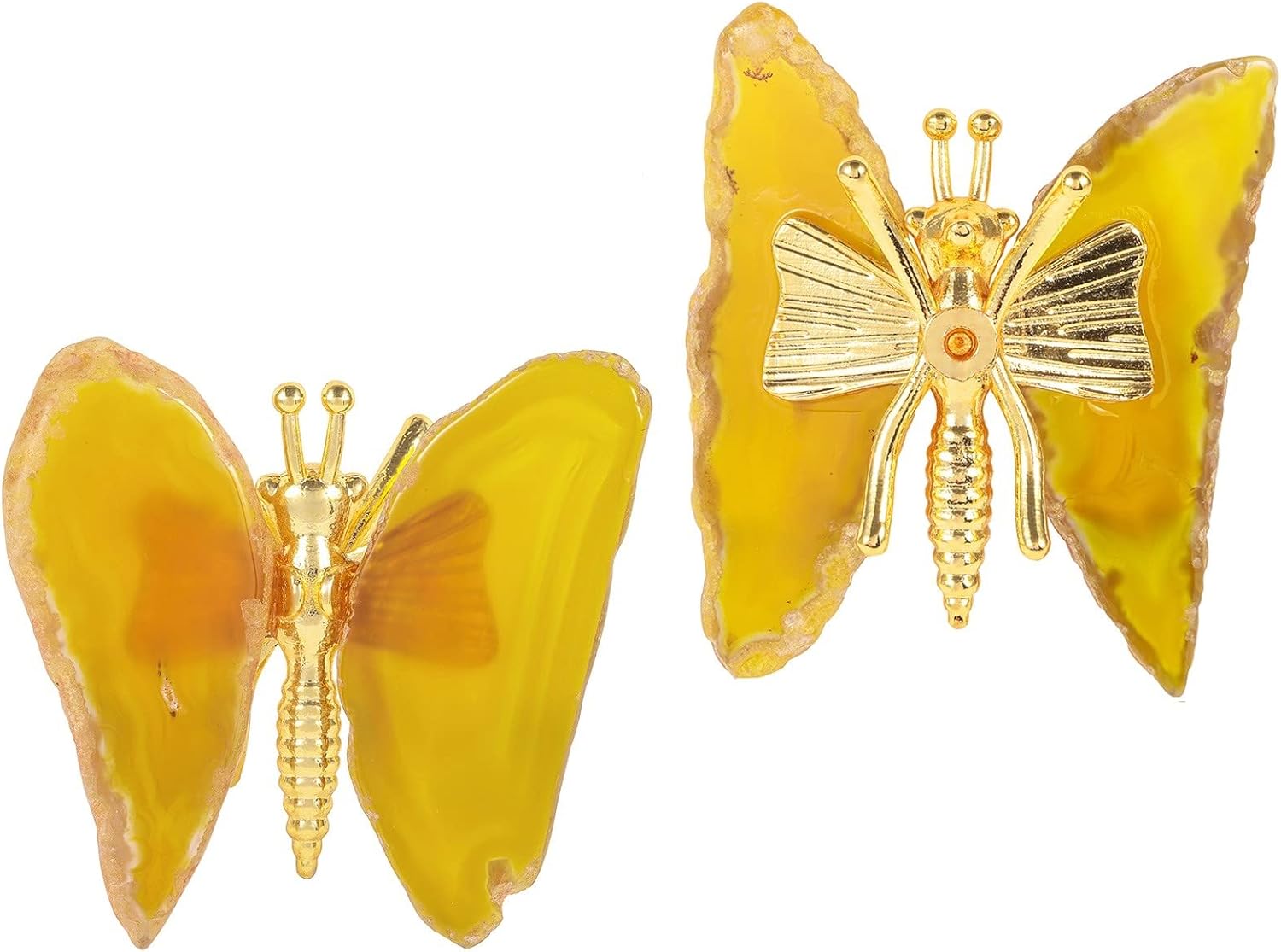 mookaitedecor Set of 2 Yellow Agate Slice Butterfly Figurine, Crystal Stone Butterfly Wings Metal Stand for Home Table Decoration