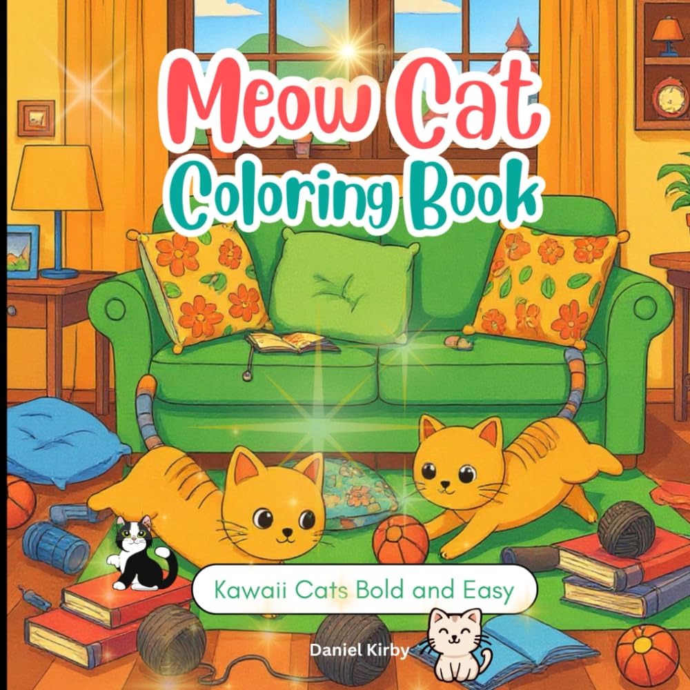 Meow Cat Coloring Book Kawaii Cats Bold and Easy, 50 pages,"8.5 x 8.5 inches"