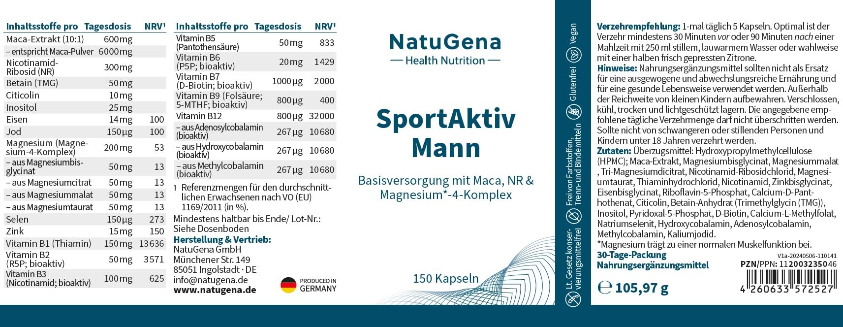 NatuGena SportAktiv Mann, Basisversorgung mit 600mg Maca, 300 mg Nicotinamid-Ribosid, 50 mg Betain, 10 mg Citicolin & 25 mg Inositol, Vitamin B6 & B2, vegan, 150 Kapseln (30 Tage Packung)