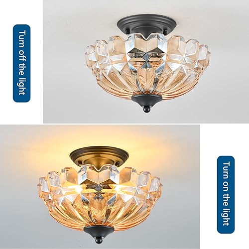 Miniatura 4 de Lámpara de techo semiempotrada, lámpara de techo de cocina de 3 luces con pantalla de vidrio ámbar, candelabro moderno dorado para sala de estar,
