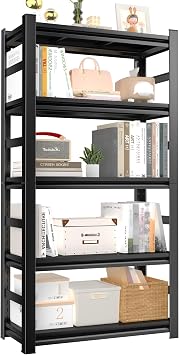 72" H Industrial Bookshelf&Bookcase, 5 Tier Adjustable Tall Book Shelves, Freestanding Modern Display Shelf Units, Metal Open Storage Shelving Organizer for CD/Movie/Book, Space SavingBlack