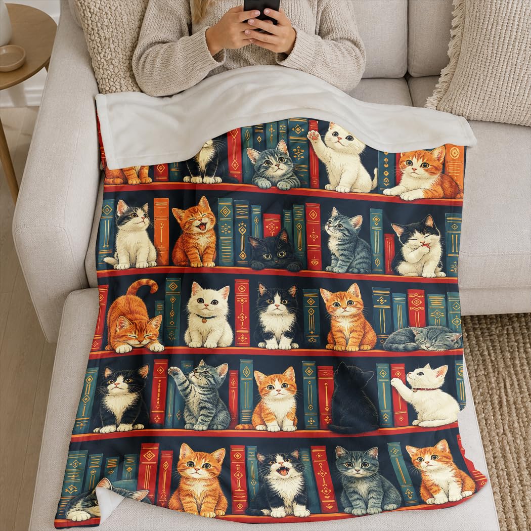 Zomer Morbida coperta in flanella, 150 x 200 cm, stile vintage, libreria, motivo gatti, morbida coperta da lettura, per amanti dei libri, per compleanno, Natale