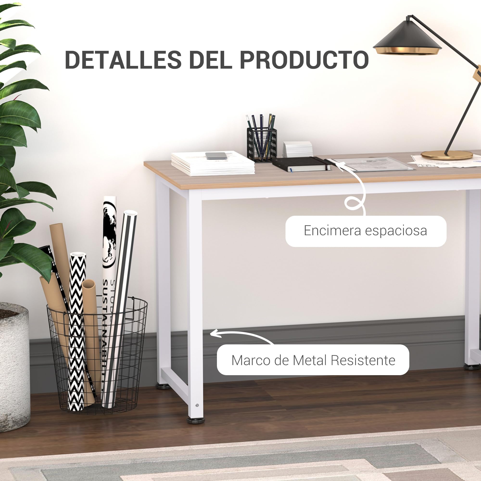 HOMCOM Mesa de Escritorio Moderna Marco Acero 120x60x76 cm Blanco y Natural | Mesa de Estudio, Pies Ajustables, Mesita de Ordenador, para Oficina Hogar