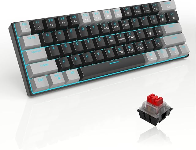 60% Mechanical Gaming Keyboard, MageGee STAR 61 Compact Blue LED Backlit Wired Keyboard with Detachable USB Type-C Cable, Portable Full Keys Anti-ghosting Gaming Keyboard - Grey & Black/Red Switch