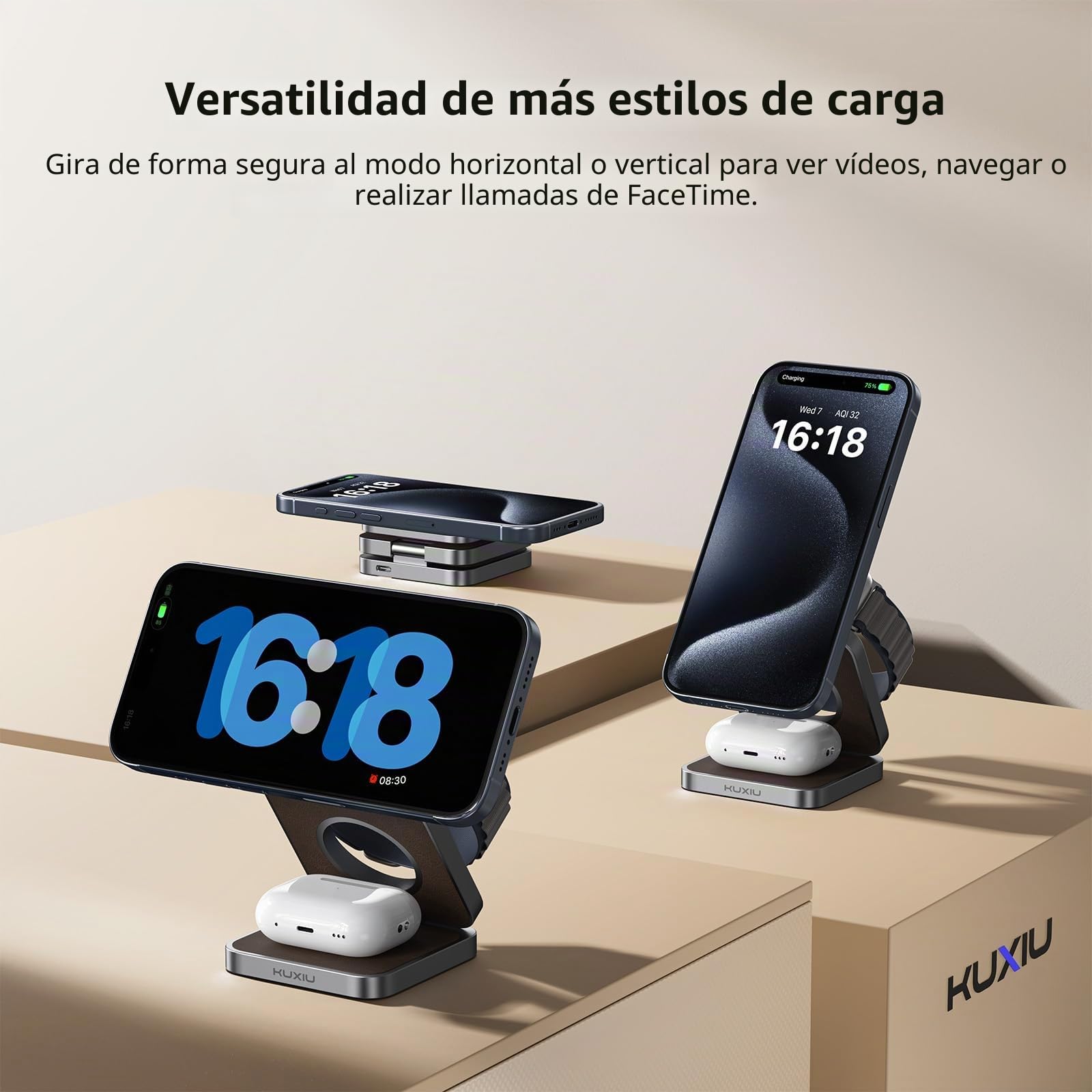 KU XIU X40 Cargador Inalámbrico 3 en 1 Plegable de Aluminio – Estación de Carga Magnética para iPhone 17–12 /Air, 5W para iWatch Ultra/SE/Series 11–4 y Auriculares Inalámbricos 4/3/2/Pro – Cuero PU