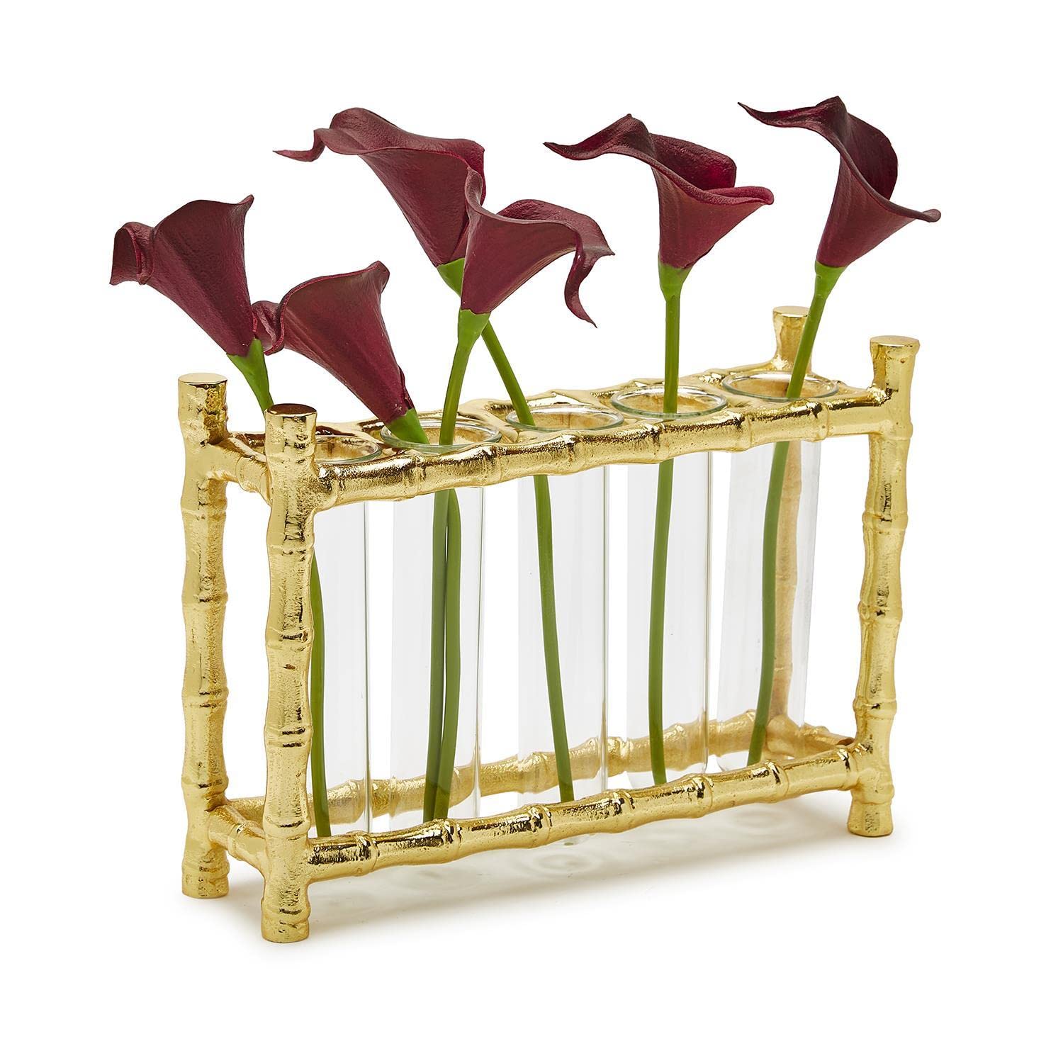 Two's Company Inc. Golden 5 Section Bamboo Vase in 5 Glass Tubes - Aluminium/Glass