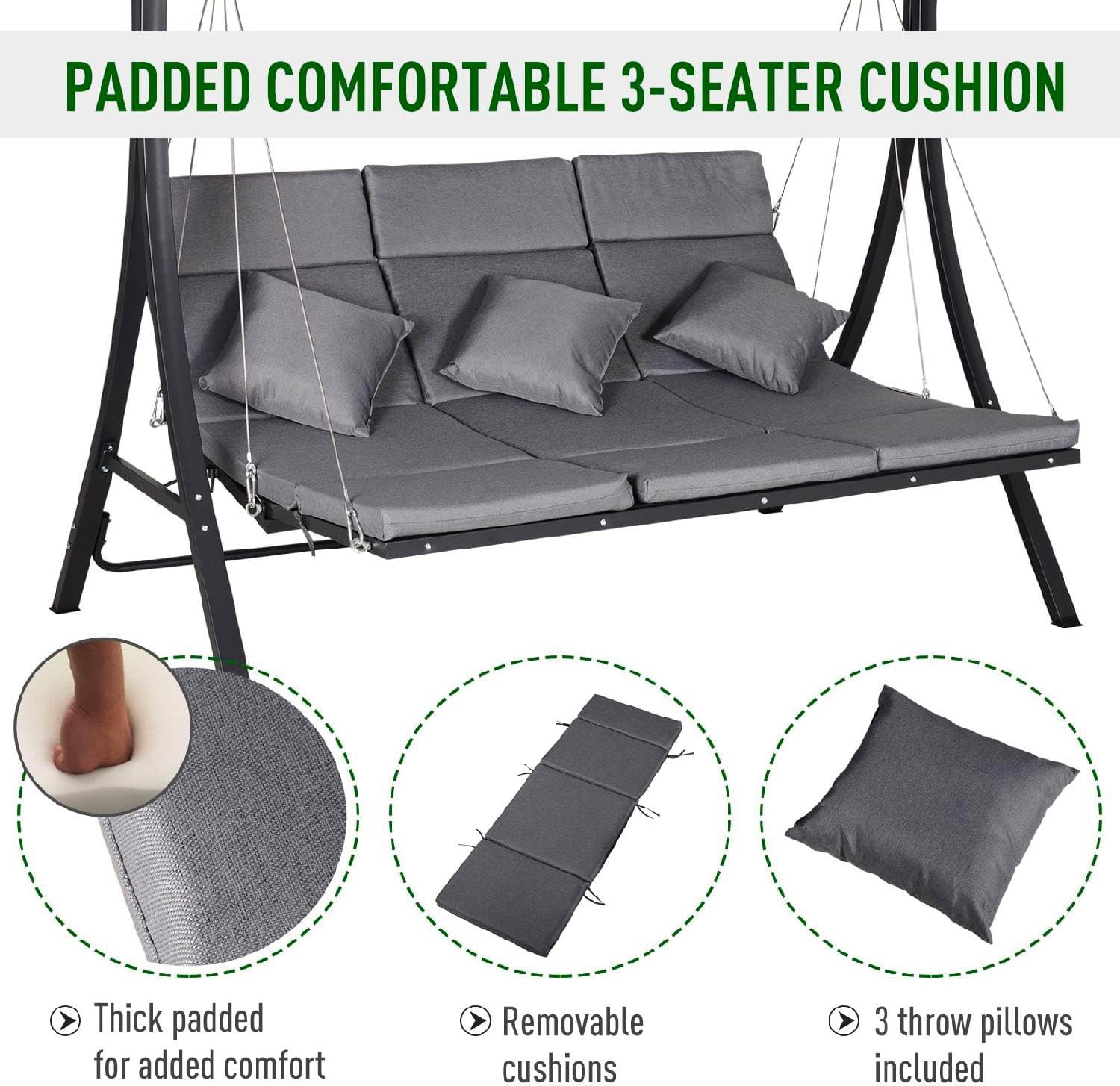 Dondolo da Giardino 3 Posti con Tettuccio Parasole in Metallo/Poliestere Dimensioni 200x115x168 cm Colore Grigio