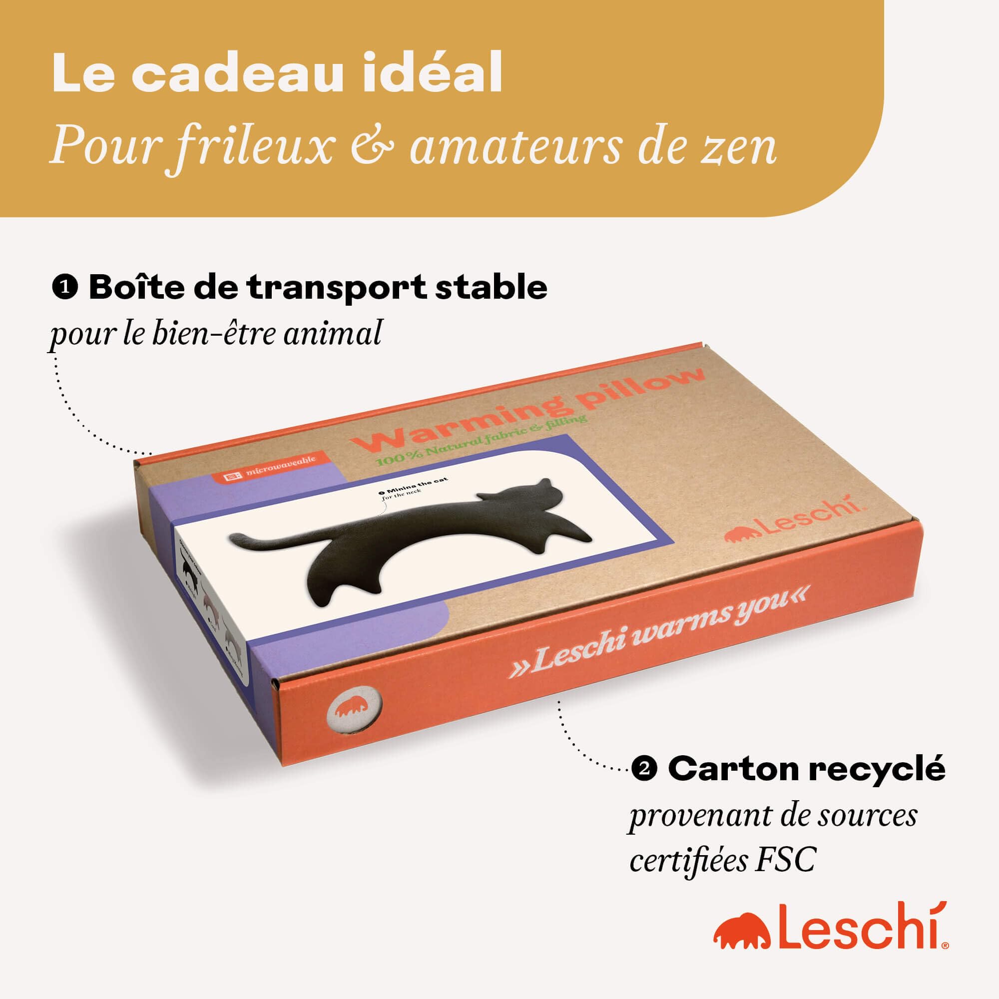 LESCHI Coussin chauffant micro ondes en coton 100% bio, Chat noir, Bouillotte graines de blé 100% bio, Bouillotte micro-ondes idéale pour réchauffer cervicale, épaules, cou, nuque