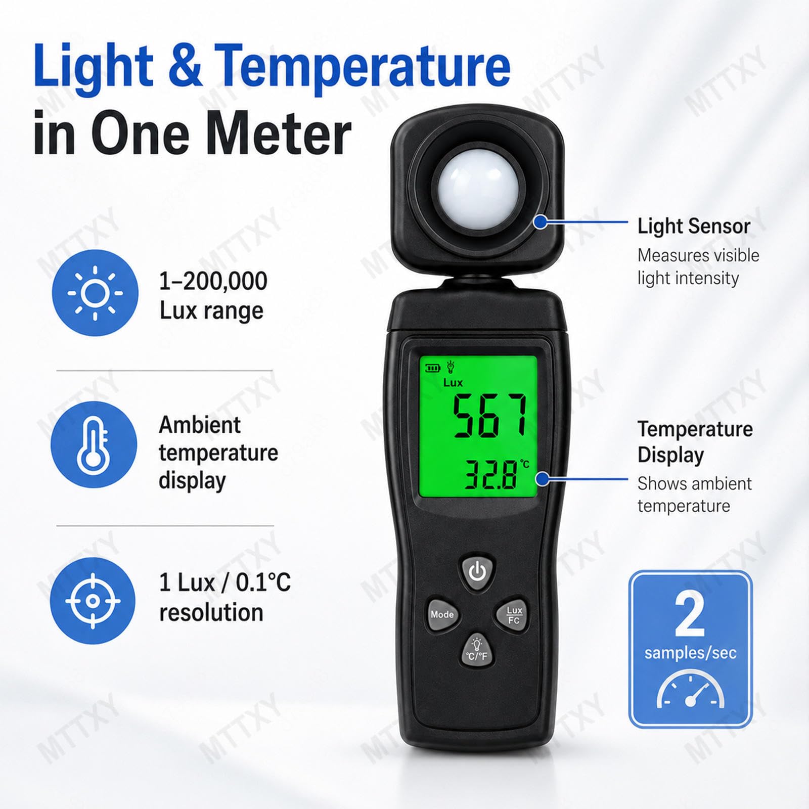 Luxmetro Digitale 200000 Lux, Misuratore Luce con Temperatura | Fotometro portatile con sensore ruotabile, display LCD retroilluminato, Lux/FC, Max/Min e blocco lettura.