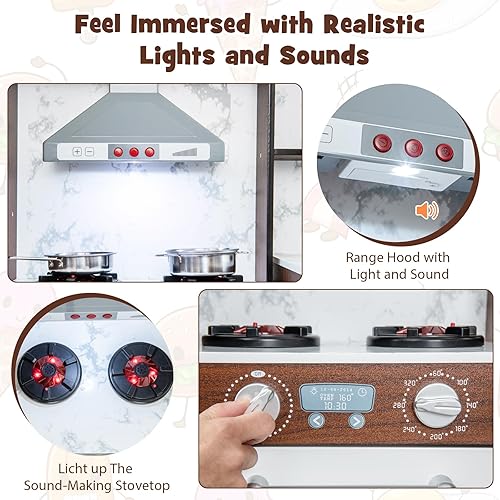 Miniatura 5 de INFANS Juego de cocina para niños de esquina, juego de juguetes de cocina de madera con luz de circulación de agua corriente, estufa de sonido,