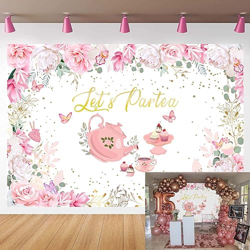 Miniatura 1 de Let's Partea telón de fondo de princesa País de las Maravillas rosa para fiesta de té por la tarde, pancarta de té para niñas, jardín, casa de