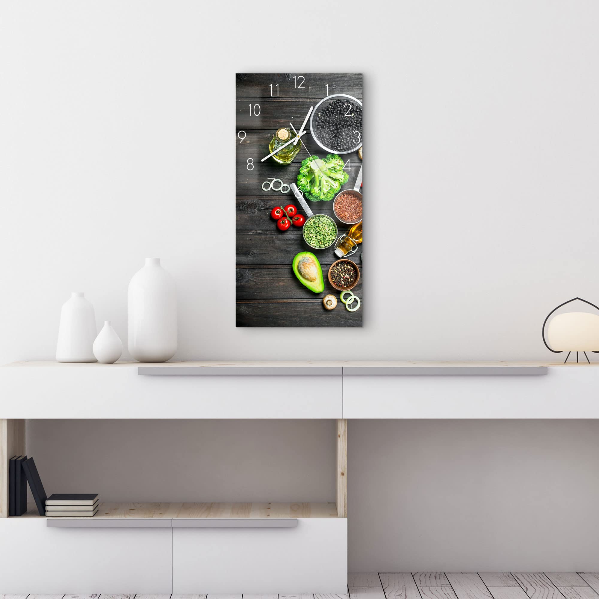 DEQORI Orologio Da Parete In Vetro 30x60 Cm – Motivo Tazza Di Caffè – Design Moderno, Silenzioso, Effetto Fluttuante 3D