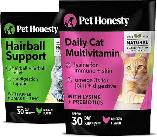 Soporte para bola de pelo + multivitamínico para gatos Daily Essentials Bundle – Masticables crujientes y cremosos para remedio de bolas de pelo,