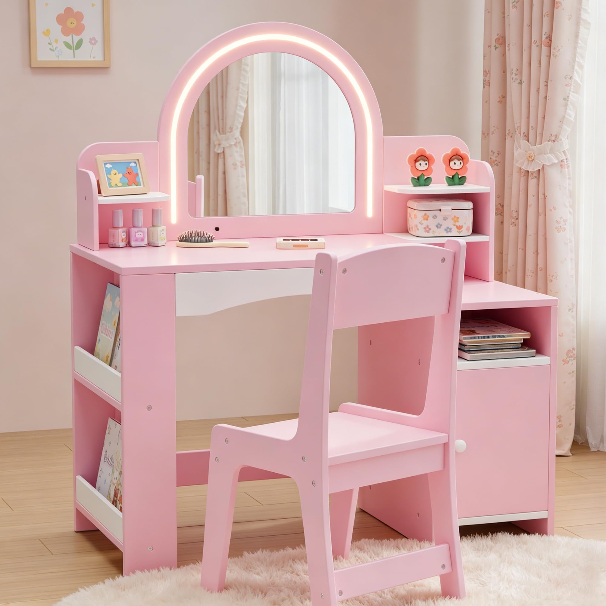 Xilingol Kids Vanity Table and Chair Set,Wooden Dressing Tables with Lighted Mirror,2-Tier Bookshelf,Storage Cabinet & Shelves,2-in-1 Pretend Play Vanity for Little Girls,Pink — image 1