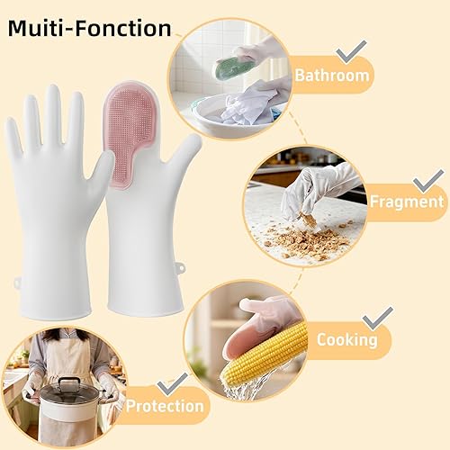 Miniatura 7 de Guantes de goma para lavavajillas, 2 pares de guantes de cocina reutilizables con limpiador integrado y agarre antideslizante, rosa y verde