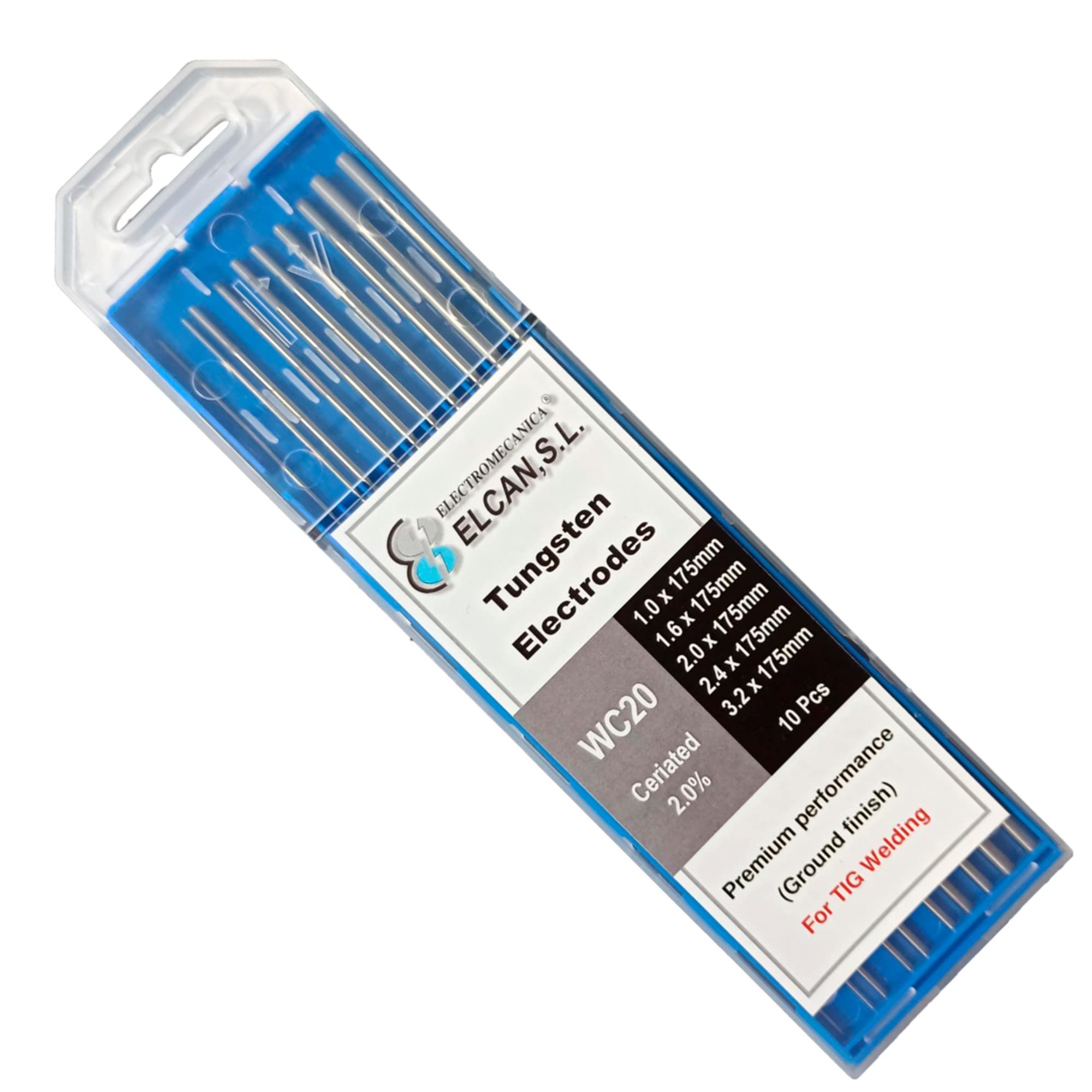 ELCAN Tungstens TIG cerio 2.0% grigio WC20 professionale, 1.0 1.6 2.0 2.4 3.2 3.2 elettrodi per saldatura torcia TIG, 10 unità - Dimensioni: 1.0/1.6/2.0/2.4/3.2 x 175mm