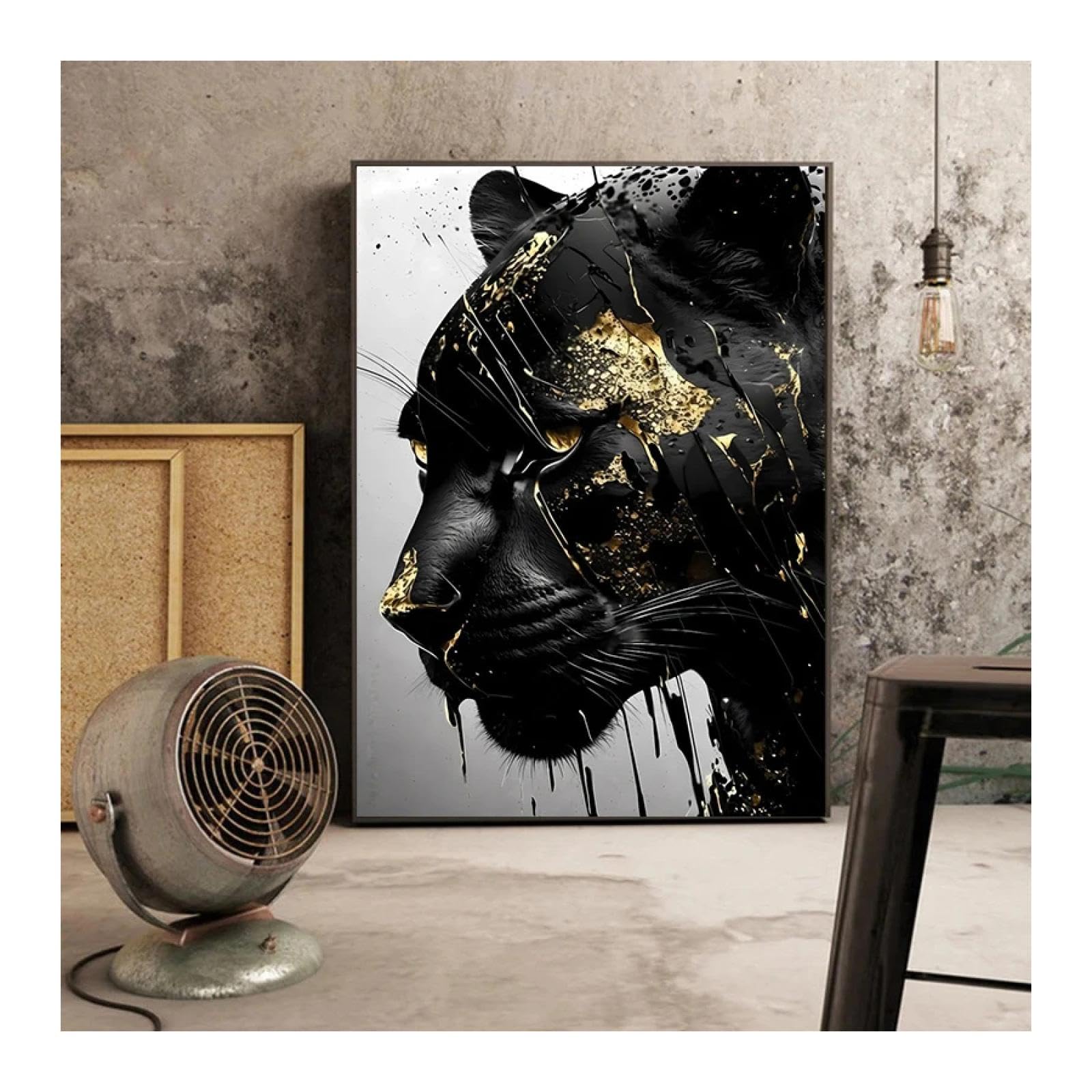 JGGXHM Abstrakcyjna czarna pantera ze złotą teksturą obraz na płótnie czarno-złote plakaty ze zwierzętami do dekoracji salonu - (55 x 75 cm) 22 x 30 cali rama wewnętrzna