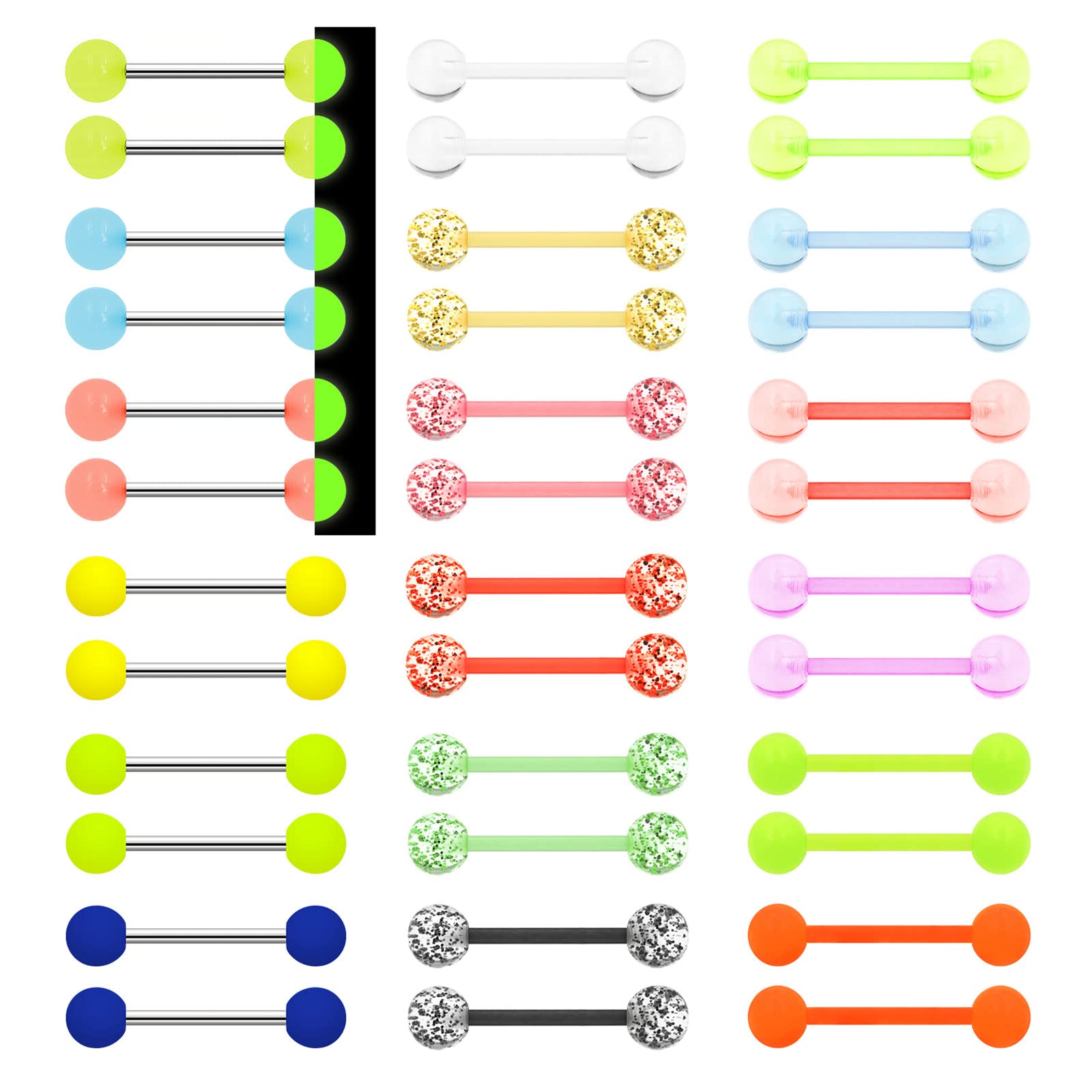 MixPiercing36PCS Glow In Dark Plastic Nipple Tongue Bars Bioflex Acrylic Rubber Neon Glitter Clear Tongue Nipple Piercing Jewellery 16mm 14G Straight Barbell For Women Men Surgery