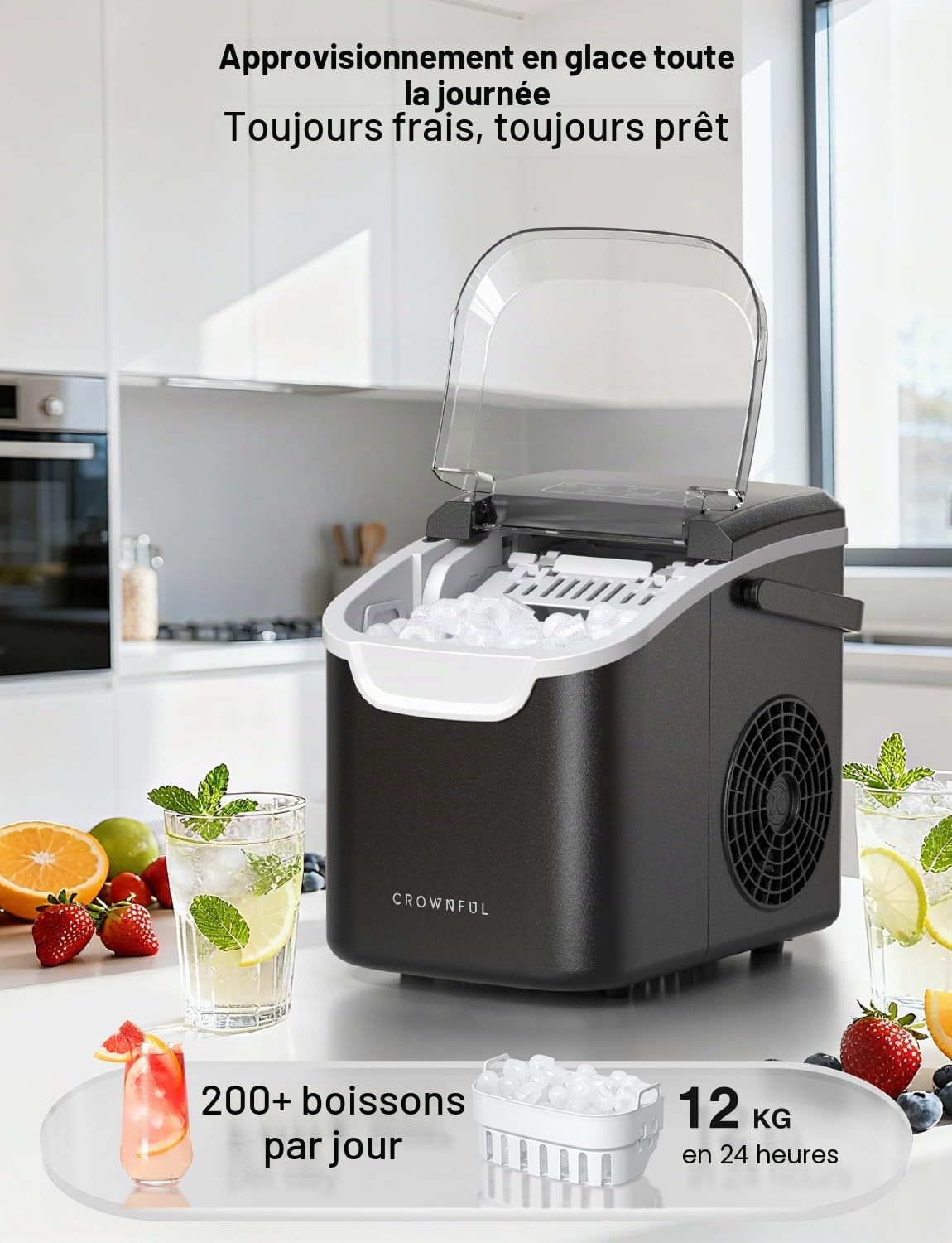 CROWNFUL Machine à Glaçons Portable, 8 Glaçons en 6 Minutes, Machine à Glaçons Autonettoyante 12 kg/24 h pour Maison, Cuisine, Bureau, Bar et Fête