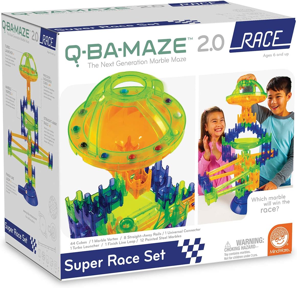 MindWare Q-BA-Maze 2.0 Rally Racing Set, Modular Marble Run Building Kit with Cubes, Rails, Launcher and Marbles, STEM Construction Toy for Problem Solving and Speed Play, Kids Ages 6+