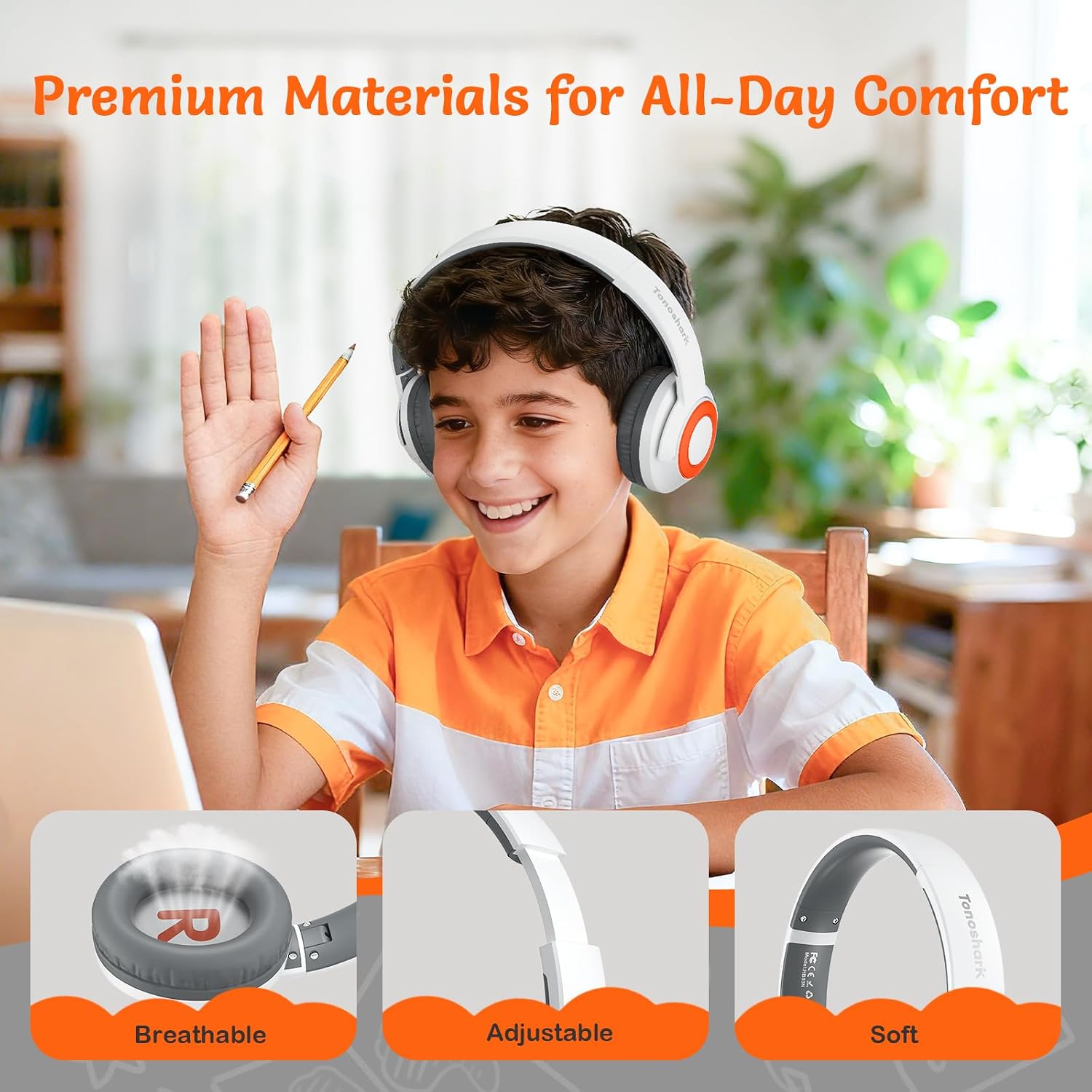 TONOSHARK Kids Bluetooth Headphones with ANC, Wireless Over-Ear Headset for Boys and Girls, Foldable & Adjustable, Ideal for School, Travel and Online Learning (White)