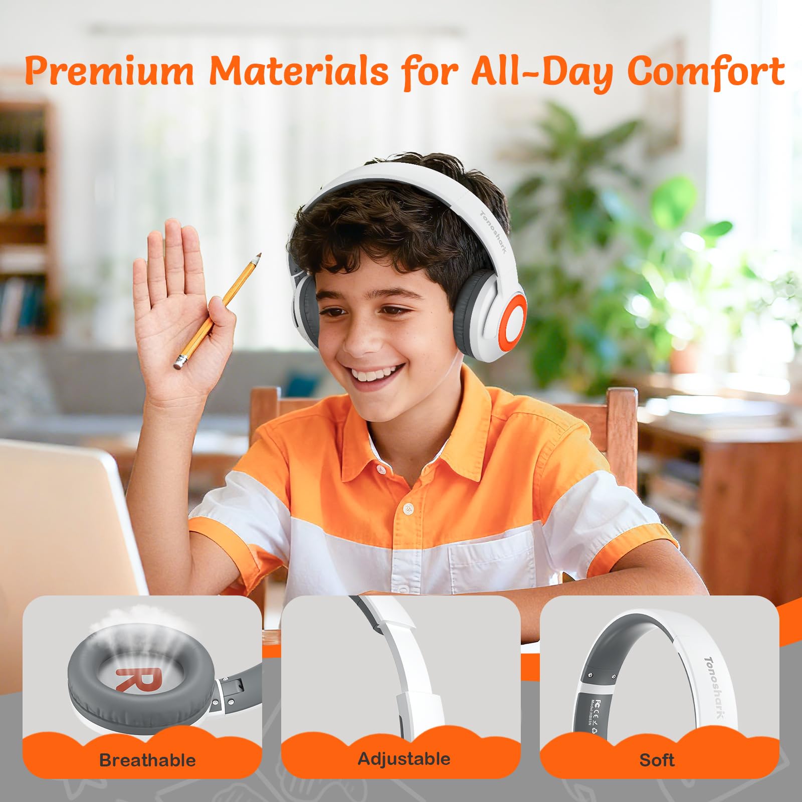 TONOSHARK Cuffie Wireless Bluetooth Bambini, Cuffie Antirumore Bambini Leggera, 60h Autonomia, Wireless Over-Ear Con Microfono, Pieghevoli, Custodia Inclusa, Per Scuola e Viaggi (Bianche)