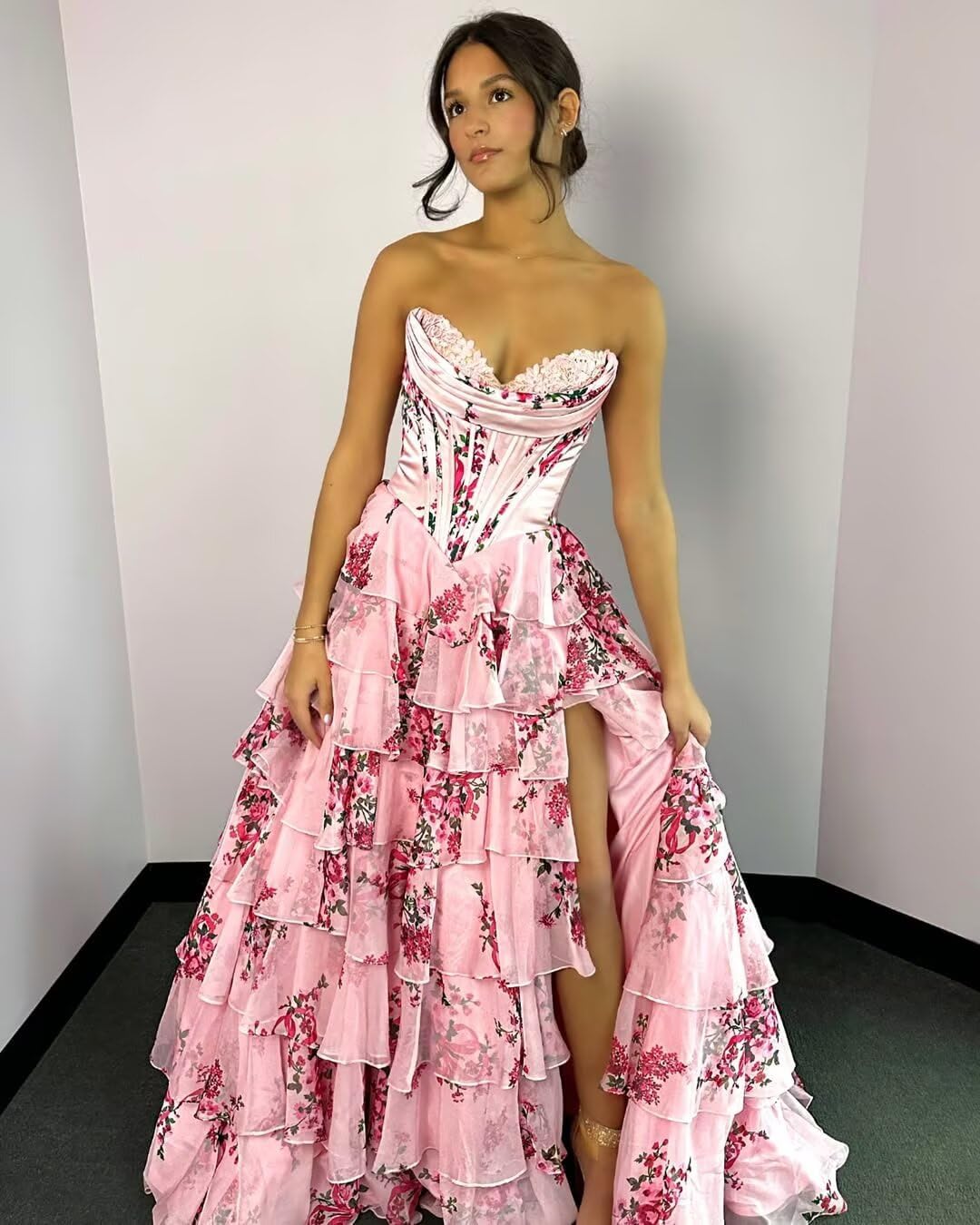 Lace Princess Tiered Prom Dress 2026 Long Ball Gown for Women Sweetheart Chiffon Formal Dresses with Slit