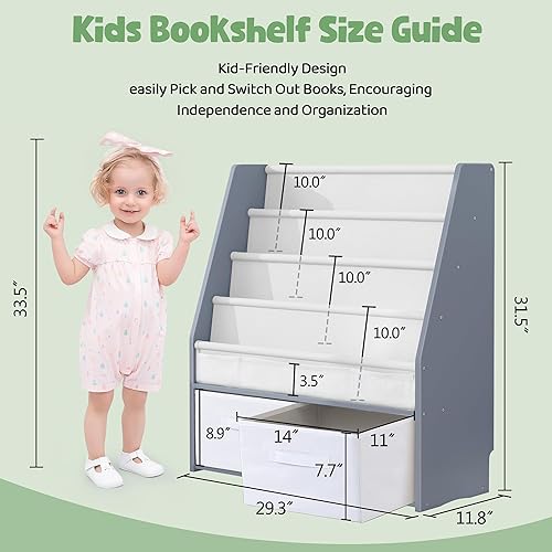 Miniatura 10 de MallBest Estantería infantil de madera maciza con contenedores de almacenamiento, estante frontal inspirado en Montessori para niños de 1 a 5 años,