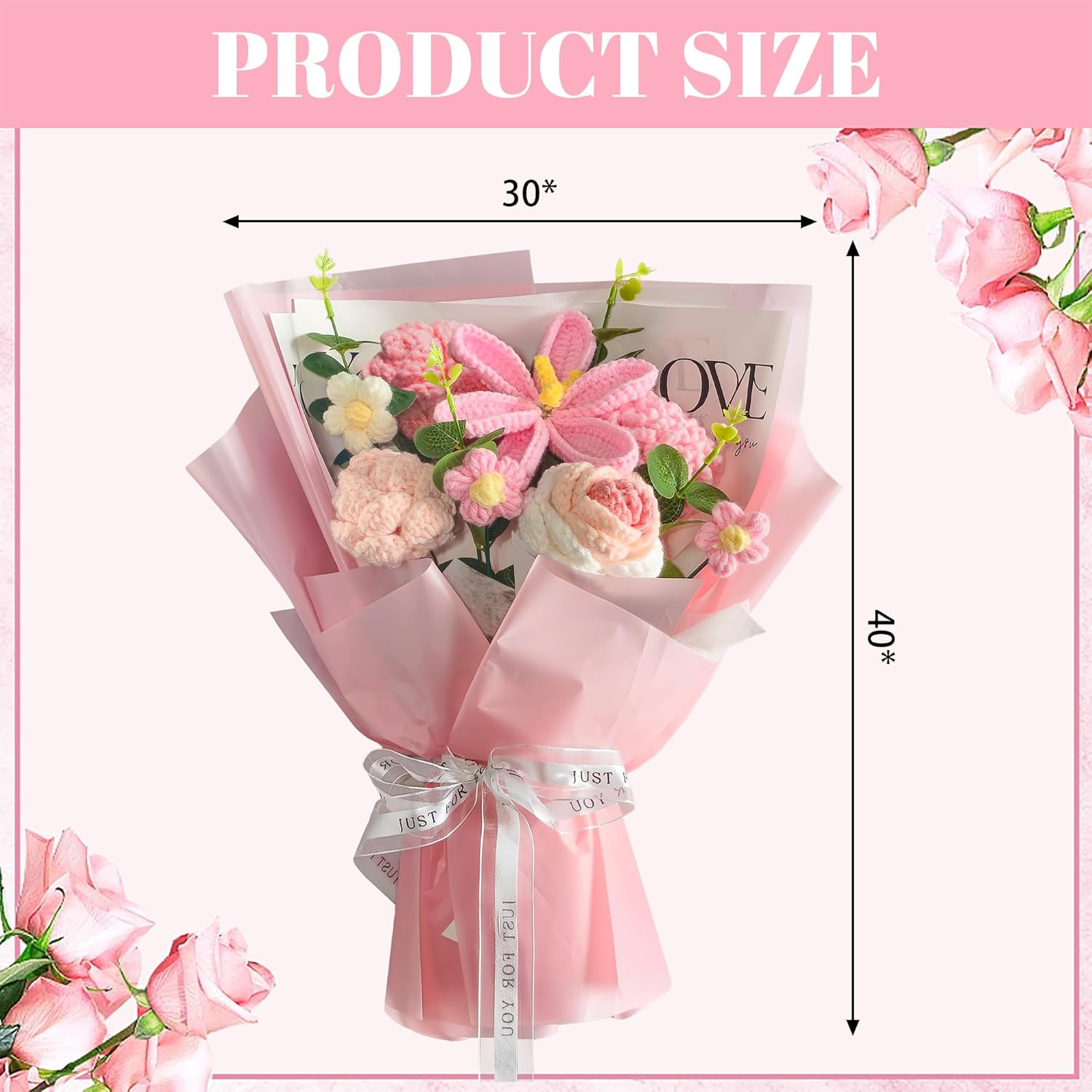 Crochet Flowers Bouquet 8PCS, Handmade Knitted Artificial Crochet Flower Gifts - Tulips Roses Daisies Carnations, Preserved Flowers for Mother's Day Valentine's Day Birthday Home Decor- Pink - Image 2